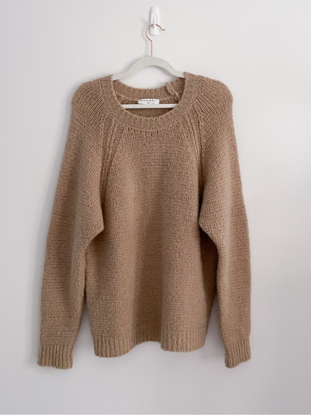 Sandro • Oversized Mohair Blend Beige Tan Brown Crewneck Ribbed Sweater • 1/S
